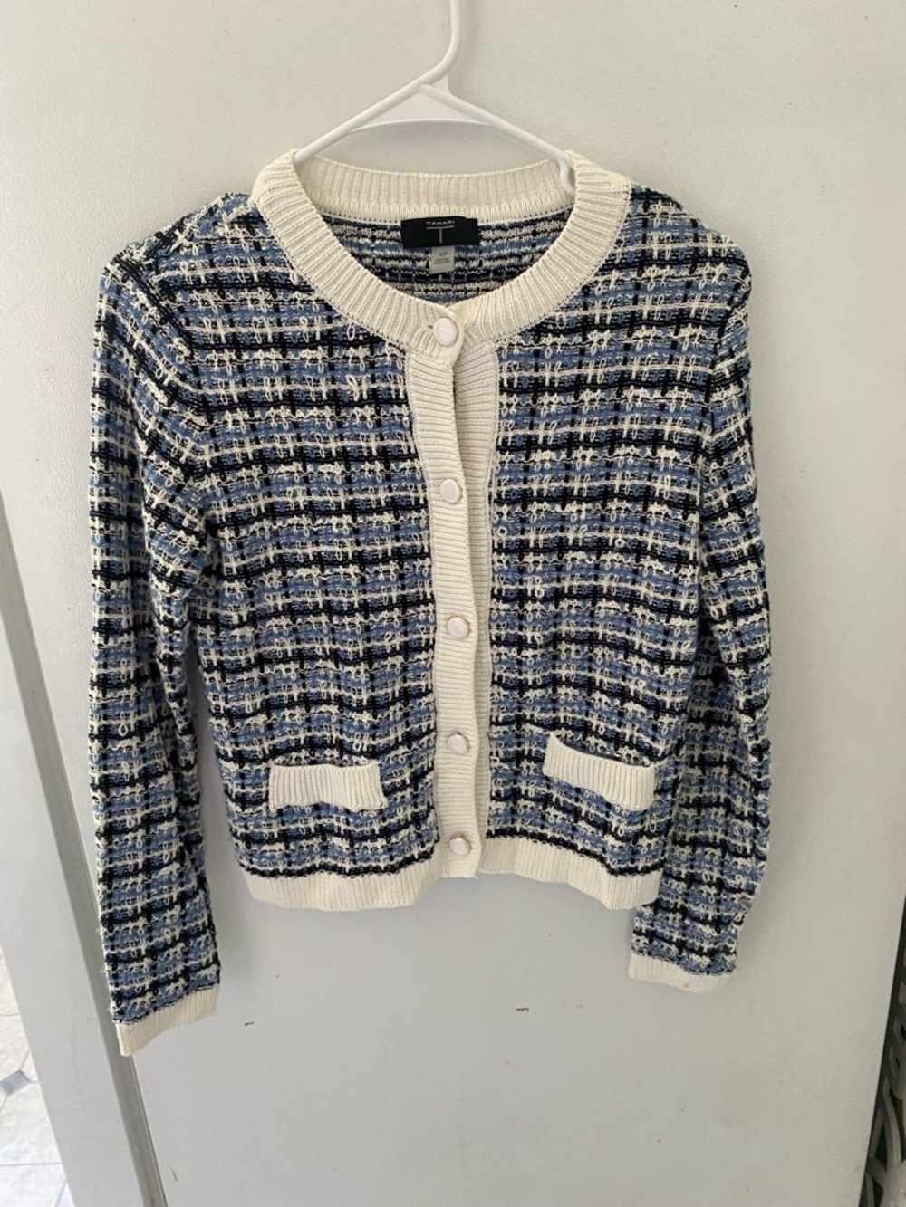 Tahari Blue and Cream Tweed Button-Front Cardigan